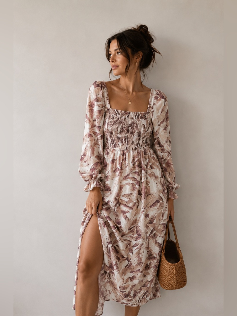House Of Harlow Linen Midi Dress High Side Slit Bishop Sleeve Small